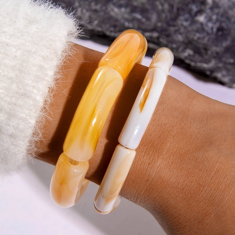 Minimalist Acrylic Curved Tube Beaded Bracelets Elastic Marble Texture Bamboo Shape Resin Fashion Jewelry For Men And Women