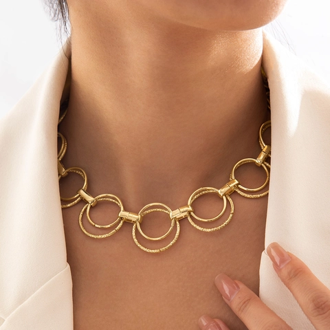 Geometric Chunky Necklace Alloy Interlocking Round Rings Square Clear Rhinestone Statement Retro Choker For Women