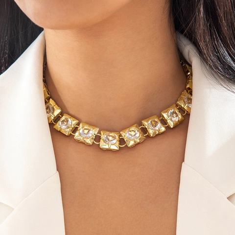 Geometric Chunky Necklace Alloy Interlocking Round Rings Square Clear Rhinestone Statement Retro Choker For Women
