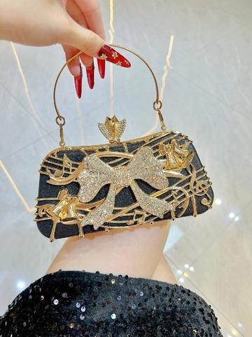 Luxury Rhinestone Evening Clutch Bag Glitter Metal Bowknot Musical Note Design Wedding Party Crossbody Handbag Women