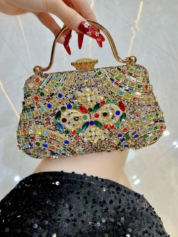 Pochette De Soirée De Luxe En Strass Sac À Main À Poignée Métallique Gemmes Colorées Chaîne Amovible Mariage Fête