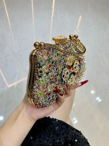Pochette De Soirée De Luxe En Strass Sac À Main À Poignée Métallique Gemmes Colorées Chaîne Amovible Mariage Fête