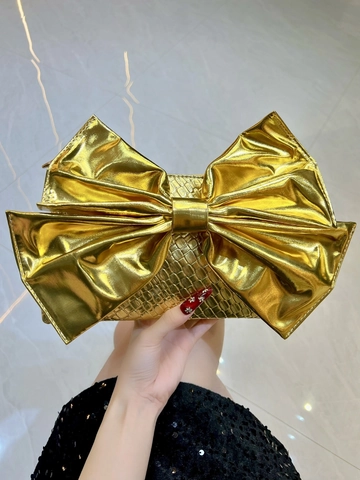 Bolso De Noche Cuir PU Metálico Diseño Lazo Grande Fiesta Boda Bolso De Hombro Con Cadena Para Mujer