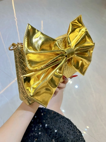Bolso De Noche Cuir PU Metálico Diseño Lazo Grande Fiesta Boda Bolso De Hombro Con Cadena Para Mujer