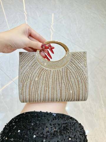 Shiny Rhinestone Evening Bag Crystal Stripe Handbag Round Metal Handle Detachable Chain Wedding Party Clutch