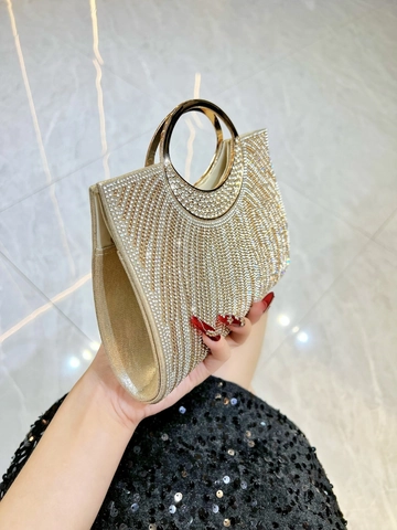 Shiny Rhinestone Evening Bag Crystal Stripe Handbag Round Metal Handle Detachable Chain Wedding Party Clutch