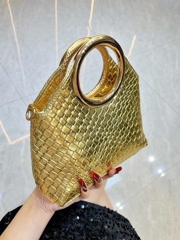 Borsa da Sera Intrecciata Metallica Con Grande Manico in Metallo Circolare Tracolla a Catena Rimovibile per Donna Festa Banchetto