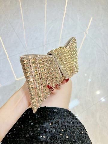 Borsa da Sera Luxury Donna Con Fiocco e Strass Pochette Scintillante Con Catena Rimovibile Per Matrimonio Festa Banchetto