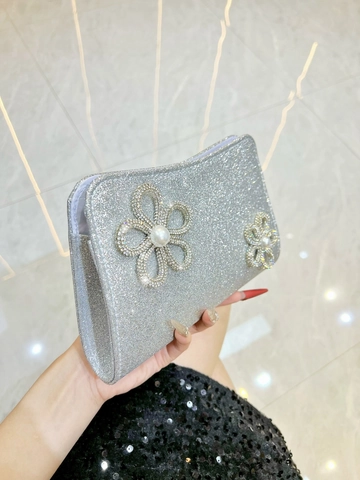 Women Elegant Evening Clutch Bag Glitter Sequin With Rhinestone Artificial Pearl Flower Metal Chain For Wedding Party