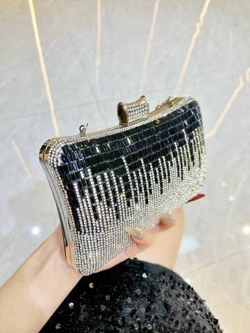 Borsa da Sera Luxury con Strass Manico Circolare in Metallo Tracolla a Catena Rimovibile per Matrimonio Festa Banchetto