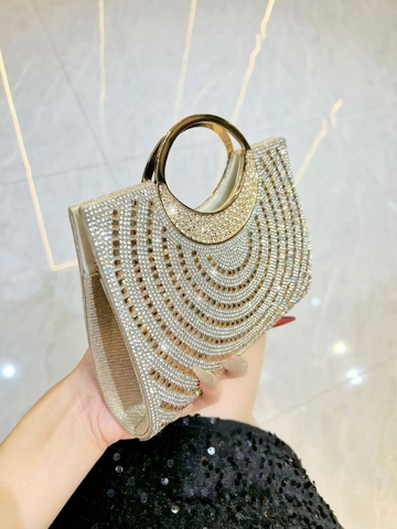 Luxury Rhinestone Evening Bag For Women Shiny Round Handle Clutch Purse With Detachable Chain For Wedding Party Banquet