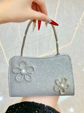 Women Elegant Evening Clutch Bag Glitter Sequin With Rhinestone Artificial Pearl Flower Metal Chain For Wedding Party