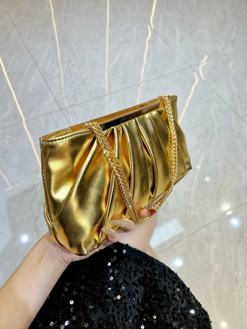 Pleated Evening Clutch Bag Metallic PU Leather With Chain Strap For Women Luxury Party Handbag Crossbody