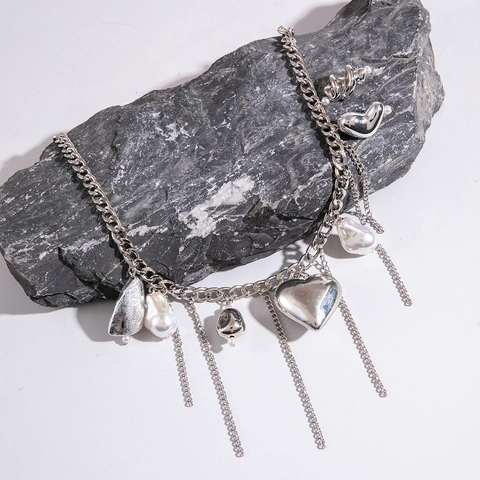 Collier Tassel Coeur Mode Alliage Métallique Fer Avec Künstliche Perles Baroques Irrégulières Franges Strass Chaîne Épaisse Bijoux