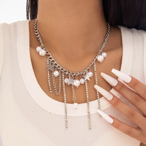 Collier Tassel Coeur Mode Alliage Métallique Fer Avec Künstliche Perles Baroques Irrégulières Franges Strass Chaîne Épaisse Bijoux