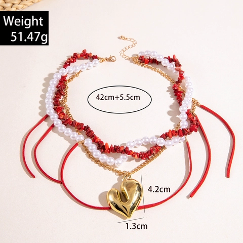 Multi Layer Necklace Heart Pendant Faux Artificial Pearl Red Gravel Alloy Gold Chain Suede Cord Retro Bohemian Jewelry For Women