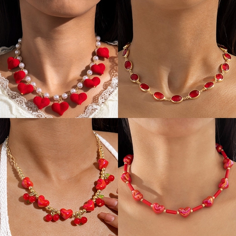 Rote Herz Anhänger Halskette Lagenlook Künstliche Perle Samt Kirsche Erdbeere Frucht Süßer Schmuck Valentinstag Geschenk