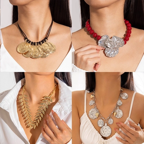 Collana Statement Retro Esagerata Perline Acriliche Ciondolo Fiore Lega Foglia Moneta Gioielli Boho Per Donne