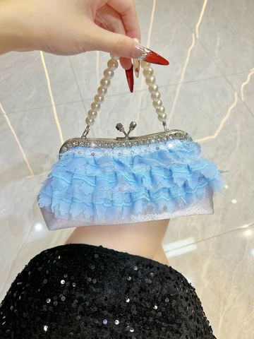 Elegant Lace Ruffle Evening Bag For Women With Artificial Pearl Handle Rhinestone Clasp Crossbody Chain Wedding Party Formal Clutch