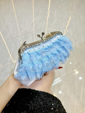 Elegant Lace Ruffle Evening Bag For Women With Artificial Pearl Handle Rhinestone Clasp Crossbody Chain Wedding Party Formal Clutch