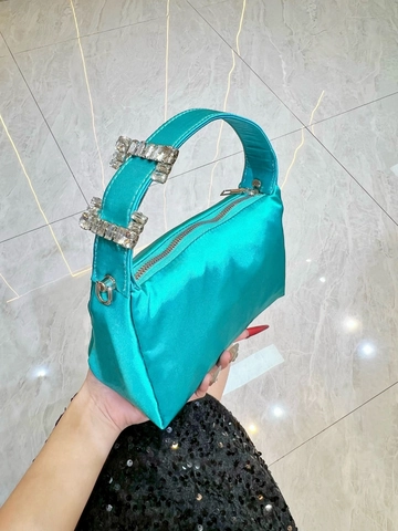 Elegant Satin Rhinestone Evening Bag Square Buckle Party Handbag For Women Wedding Shoulder Bag With Detachable Chain