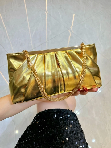 Pleated Evening Clutch Bag Metallic PU Leather With Chain Strap For Women Luxury Party Handbag Crossbody