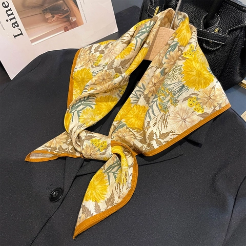 Floral Print Square Scarf Elegant Mulberry Satin Cotton Blend Neckerchief Vintage Soft Head Scarf For Women