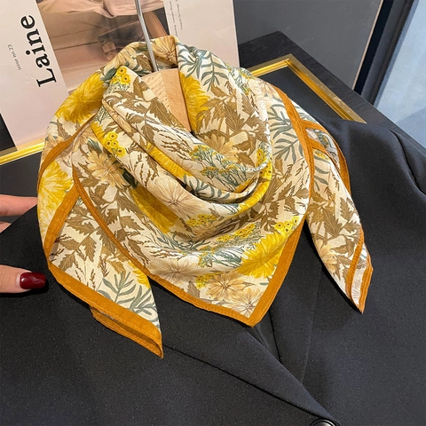 Floral Print Square Scarf Elegant Mulberry Satin Cotton Blend Neckerchief Vintage Soft Head Scarf For Women