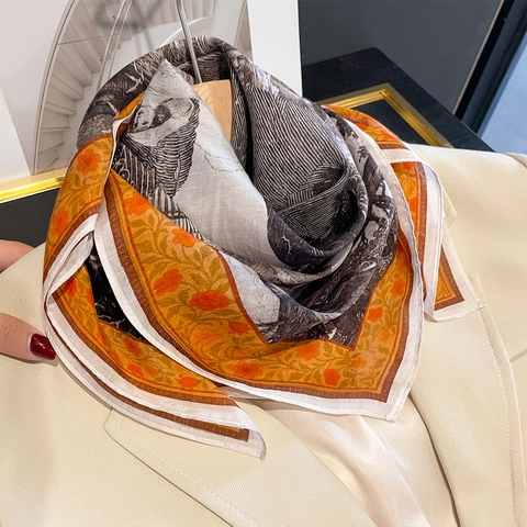 Sciarpa Quadrata Raso Cotone Misto Stampa Retrò Foulard Collo Elegante Accessorio Moda Donna