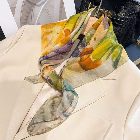 Abstract Oil Painting Print Square Scarf Mulberry Satin Cotton Blend Neckerchief Elegant Fashion Neck Wrap For Women