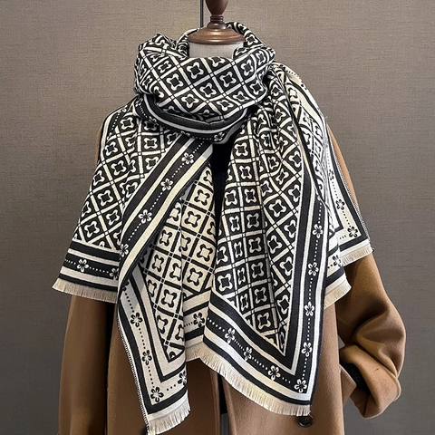 Sciarpa Scialle Invernale Donna Imitazione Cashmere Acrilico Grande Geometrico Floreale Jacquard Nappine Frange Caldo Elegante