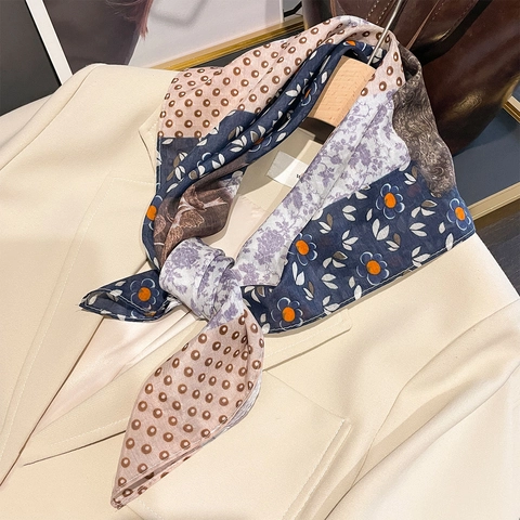 Mulberry Satin Cotton Square Scarf Vintage Floral Patchwork Polka Dot Thin Headscarf Neck Scarf For Women