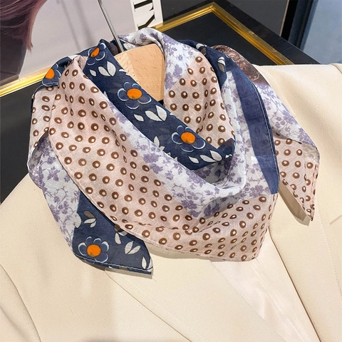 Mulberry Satin Cotton Square Scarf Vintage Floral Patchwork Polka Dot Thin Headscarf Neck Scarf For Women