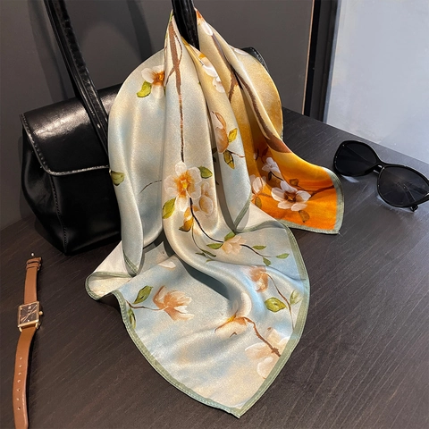 Elegante Magnolien Print 100% MaulbeerSatin Quadratische Schal Leichte Farbverlauf Halstuch Für Damen Vielseitig