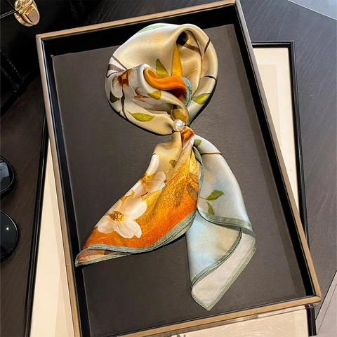 Elegante Magnolien Print 100% MaulbeerSatin Quadratische Schal Leichte Farbverlauf Halstuch Für Damen Vielseitig
