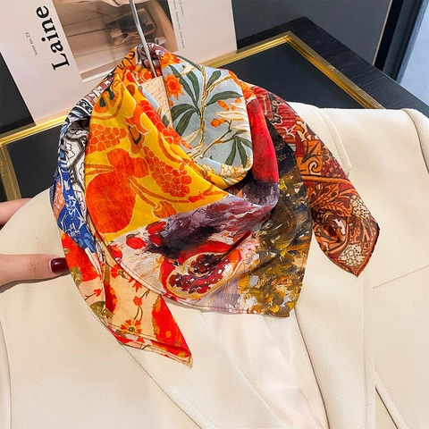 Pañuelo Cuadrado Con Estampado Floral Vintage Mezcla De Satén De Mora Y Algodón Ligero Elegante Moda Protección Solar Bufanda