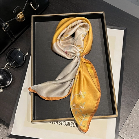 Mulberry Satin Square Scarf Floral Bird Print Retro Elegant Lightweight Neckerchief For Women Versatile Fashion Accessory