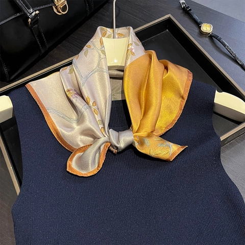 Mulberry Satin Square Scarf Floral Bird Print Retro Elegant Lightweight Neckerchief For Women Versatile Fashion Accessory