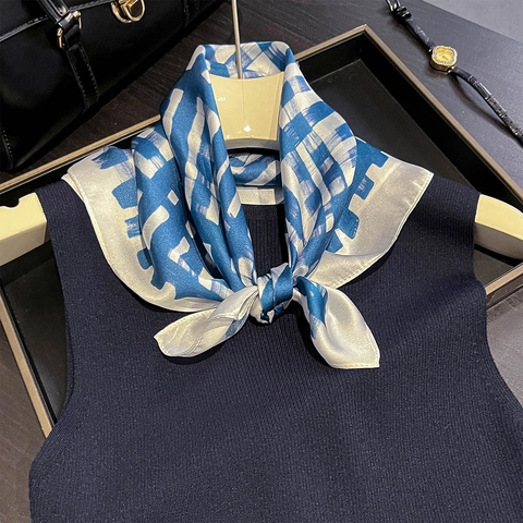 Elegant 100% Mulberry Silk Square Scarf For Women Blue White Abstract Grid Pattern Fashion Lightweight Silk Shawl Wrap Accessory