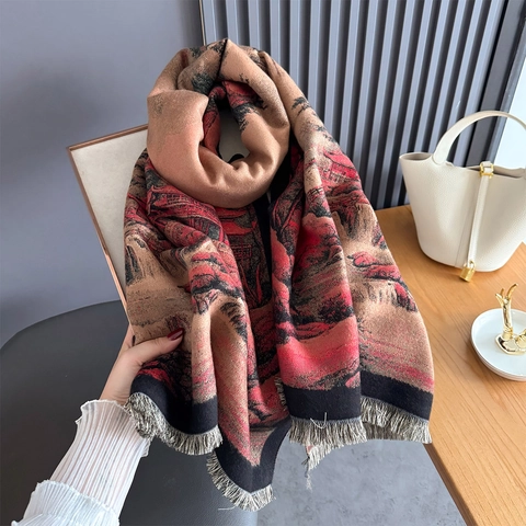 Vintage Chinese Landscape Print Scarf Shawl Imitation Cashmere Thick Warm Winter Outdoor Fringed Wrap For Women