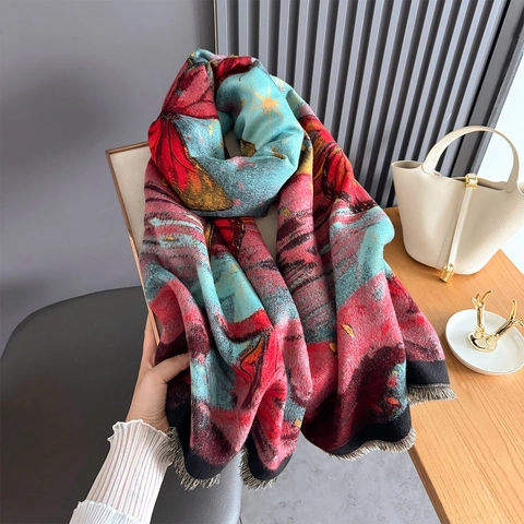 Vintage Butterfly Print Faux Cashmere Scarf Large Shawl Wrap With Fringe Warm Winter Long Pashmina For Women