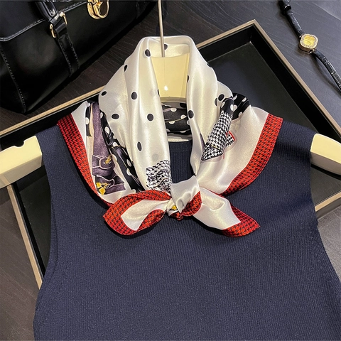 MaulbeerSatin Quadratischer Schal Polka Dot Hahnentritt Muster Französisch Elegant Retro Halstuch Für Damen Mode Accessoire