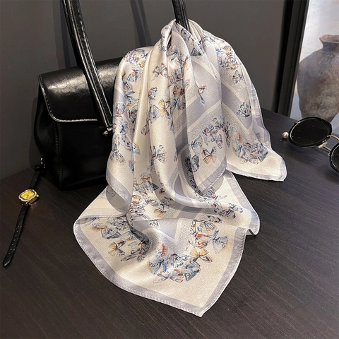 Elegant Butterfly Print Mulberry Satin Square Scarf Fashion Versatile Professional Neck Scarf For Women