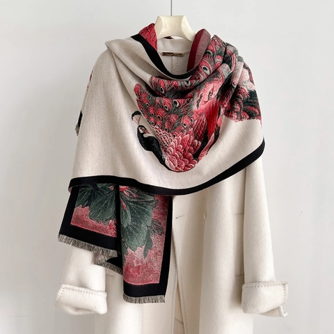 Sciarpa Lunga da Donna con Stampa Floreale Vintage Grande Scialle Doppio Uso Calda Sciarpa in Imitazione Cashmere con Nappina Invernale