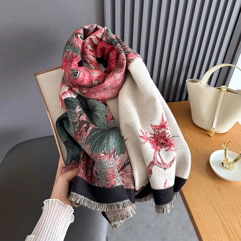 Sciarpa Lunga da Donna con Stampa Floreale Vintage Grande Scialle Doppio Uso Calda Sciarpa in Imitazione Cashmere con Nappina Invernale