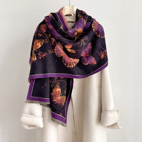 Sciarpa Retrò Con Stampa Farfalla Scialle Spesso In Imitazione Cashmere Per L'Inverno Elegante Motivo Floreale Con Frange