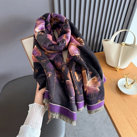 Sciarpa Retrò Con Stampa Farfalla Scialle Spesso In Imitazione Cashmere Per L'Inverno Elegante Motivo Floreale Con Frange