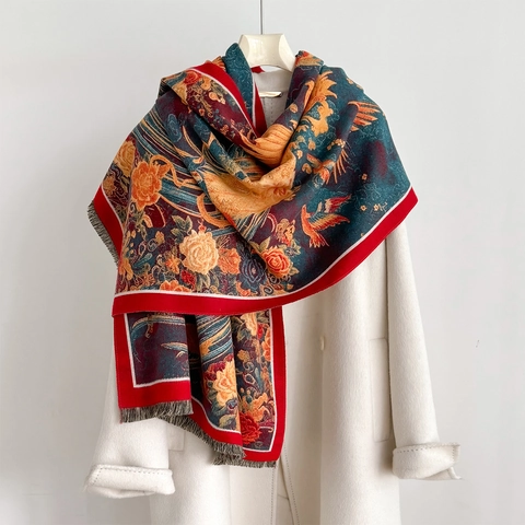 Sciarpa Scialle Vintage Motivo Fenice Peonia Imitazione Cashmere Ispessita Calda Nappe Avvolgente Donna Stile Etnico