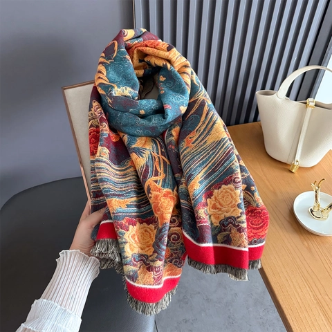 Sciarpa Scialle Vintage Motivo Fenice Peonia Imitazione Cashmere Ispessita Calda Nappe Avvolgente Donna Stile Etnico