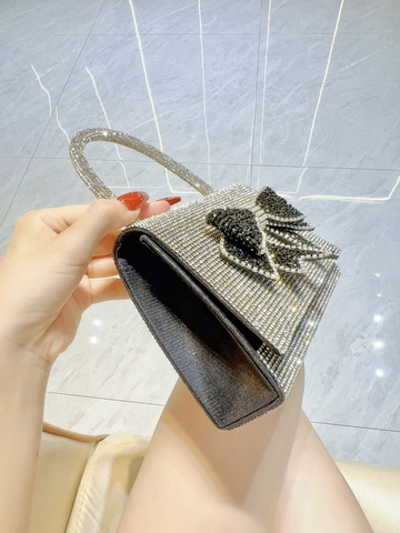 Luxury Rhinestone Bow Evening Bag For Women Sparkling Full Diamond Handbag With Detachable Metal Chain Wedding Party Tote